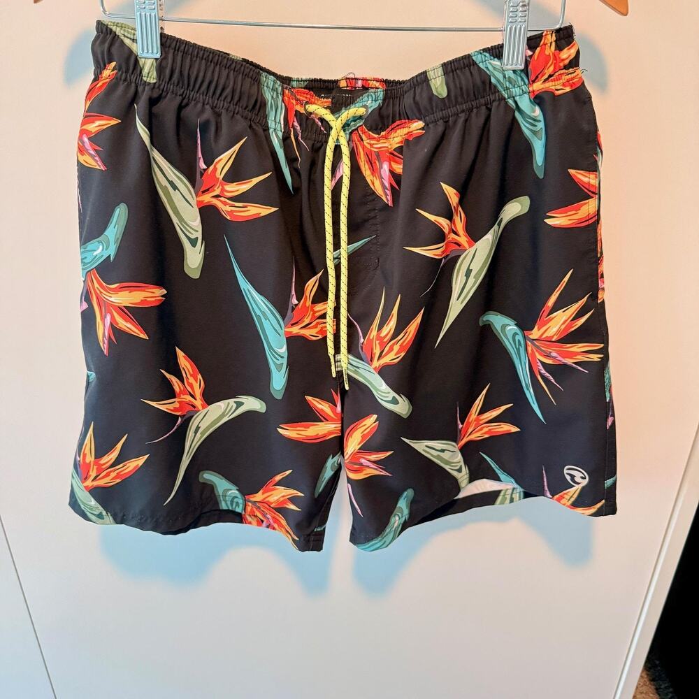 Ocean‎ Current Shorts Mens XL Black Tropical Floral Swim Trunks Elastic Waist